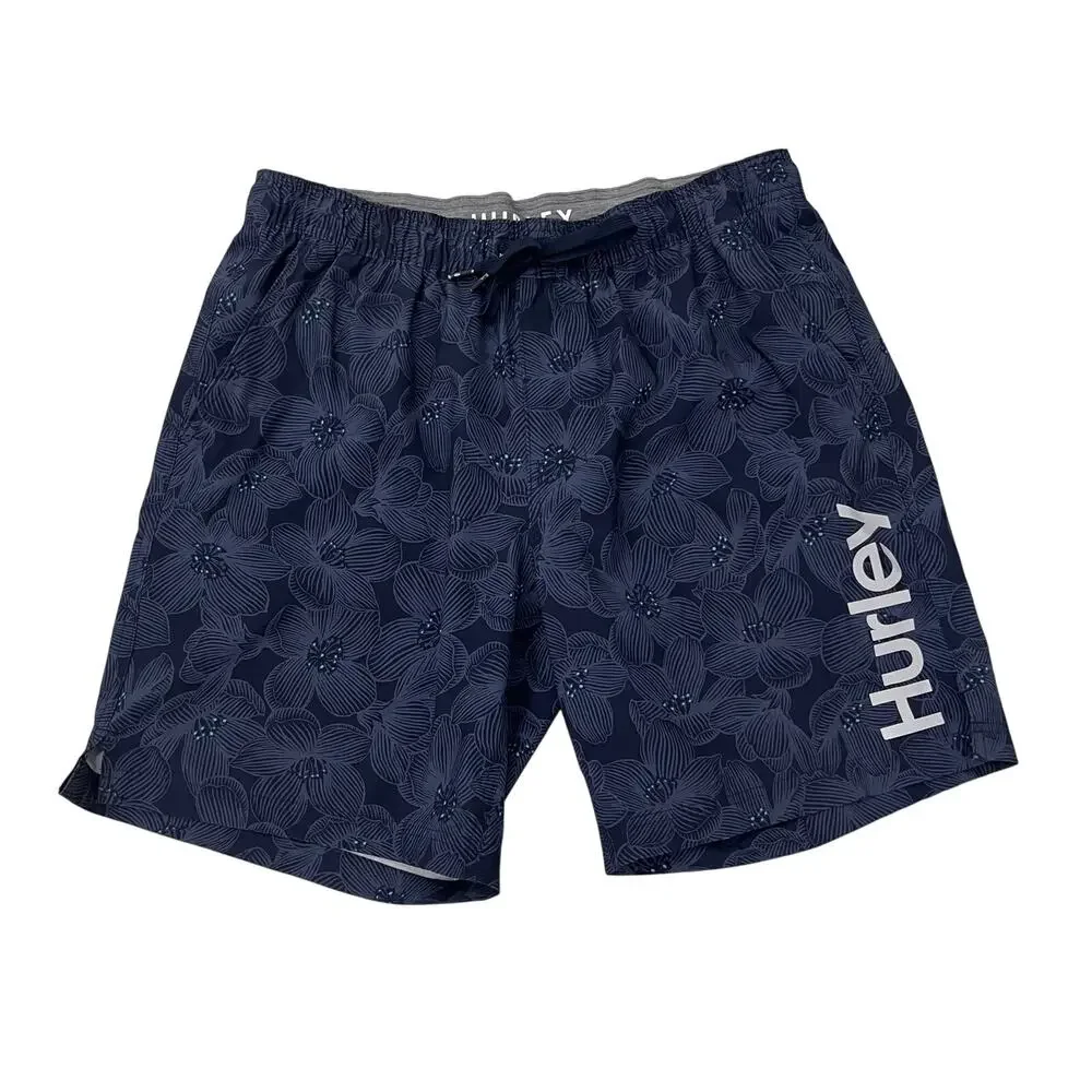 Hurley Men's XL Volley Swim Shorts Navy Blue Hibiscus Floral Board Trunks
